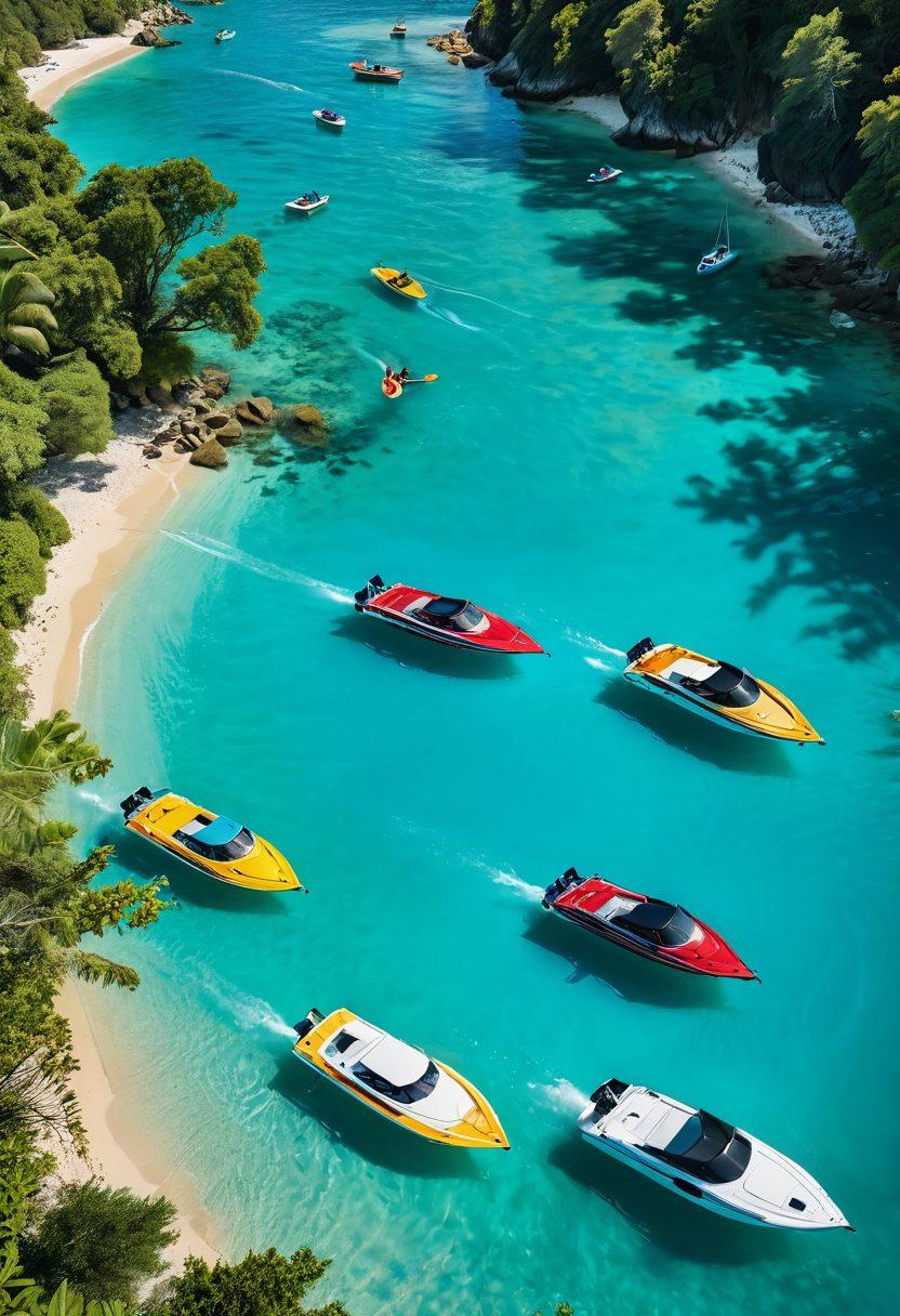 A vibrant and picturesque scene showcasing various types of watercraft, including boats, jet skis, and sailboats, bobbing on crystal-clear turquoise waters. Include a diverse group of watercraft owners consulting a colorful infographic about coverage options under a bright sunny sky. Surround them with lush greenery and playful waves, enhancing the sense of safety and adventure on water. super-realistic. vibrant colors. 3D.
