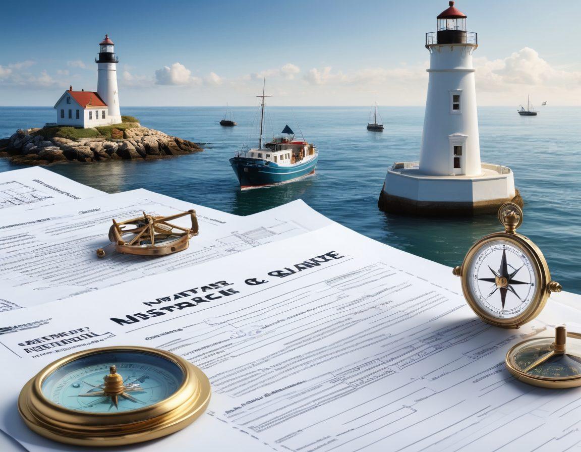 A serene marine landscape featuring a variety of vessels like sailboats, yachts, and fishing boats anchored peacefully in the harbor. In the foreground, a compass and a stack of insurance papers symbolize marine liability insurance. The ocean is calm, with gentle waves reflecting the sky's hues, evoking a sense of security. Include elements like a lighthouse in the distance and subtle marine life in the water. super-realistic. vibrant colors. white background.