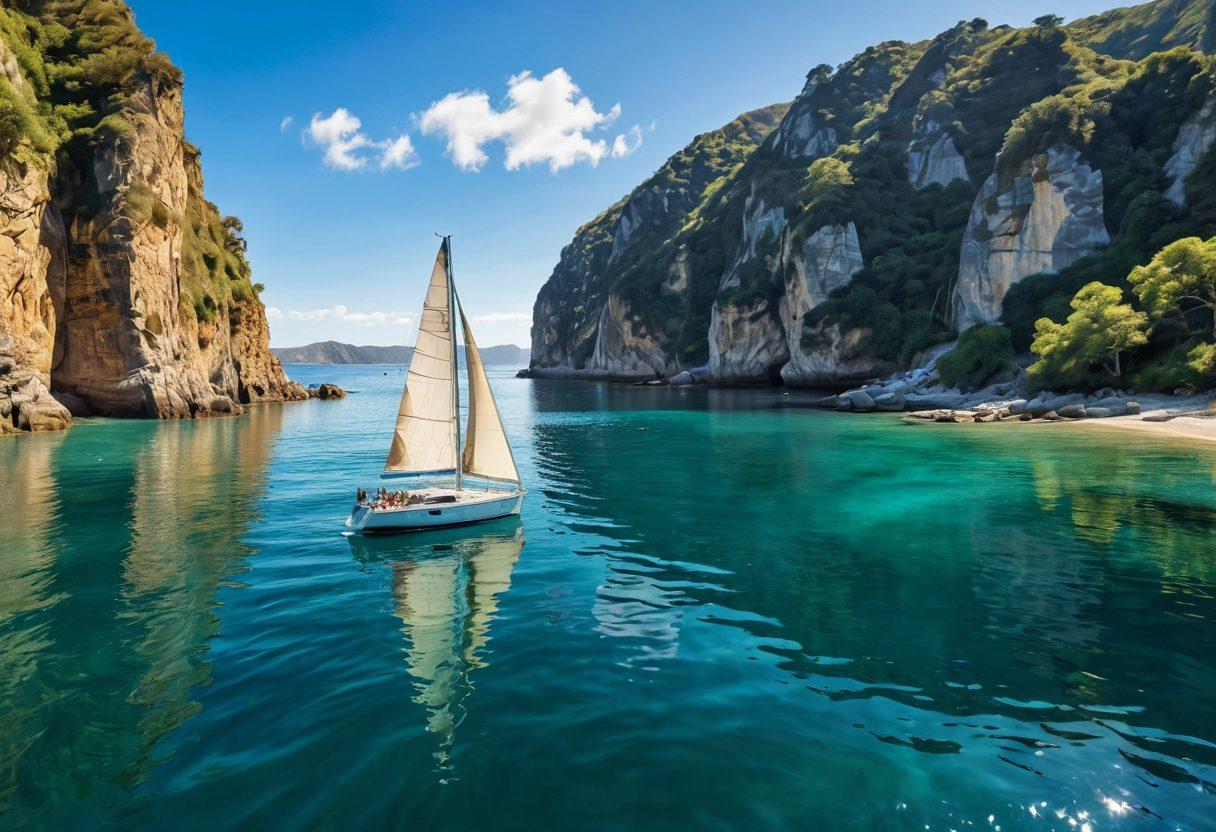 A serene scene of a sailboat gently gliding on crystal-clear waters, surrounded by lush green cliffs and bright blue skies, with dazzling sunlight reflecting on the water. Overlayed are various boat icons depicting different types of coverage options like accidents, theft, and liability. The image should convey a sense of peace and protection while exploring the waters. super-realistic. vibrant colors. white background.